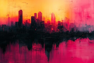 Abstract city skyline at sunset with vibrant hues of orange, pink, and black, reflecting on water in an urban landscape