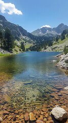 A beautiful lake surrounded by mountains. The water is clear and calm. The mountains in the background create a sense of serenity and tranquility