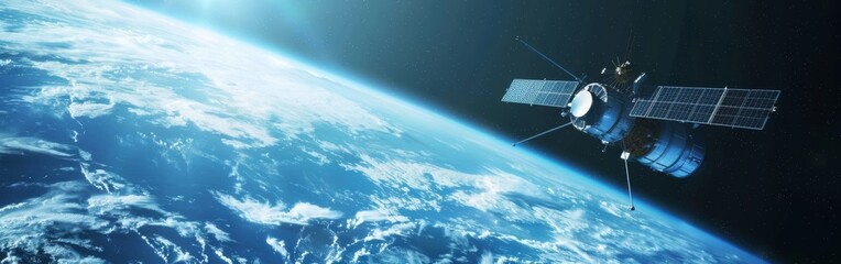 Fototapeta premium Satellite with solar panels in orbit around Earth, capturing stunning planetary details Wide web banner.