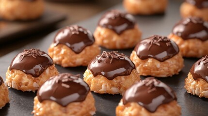 Delicious coconut macaroons topped with rich chocolate, elegantly plated for a gourmet treat.