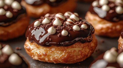 Close-up of cream puffs topped with glossy chocolate and white chocolate chips, showcasing a decadent pastry treat.