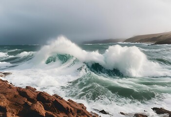 Fototapeta premium The monsoon sea surges with powerful winds and strong waves crashing forcefully onto the shore. 