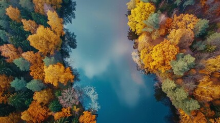 Obraz premium Aerial view of a tranquil river surrounded by vibrant autumn foliage in a beautiful forest landscape