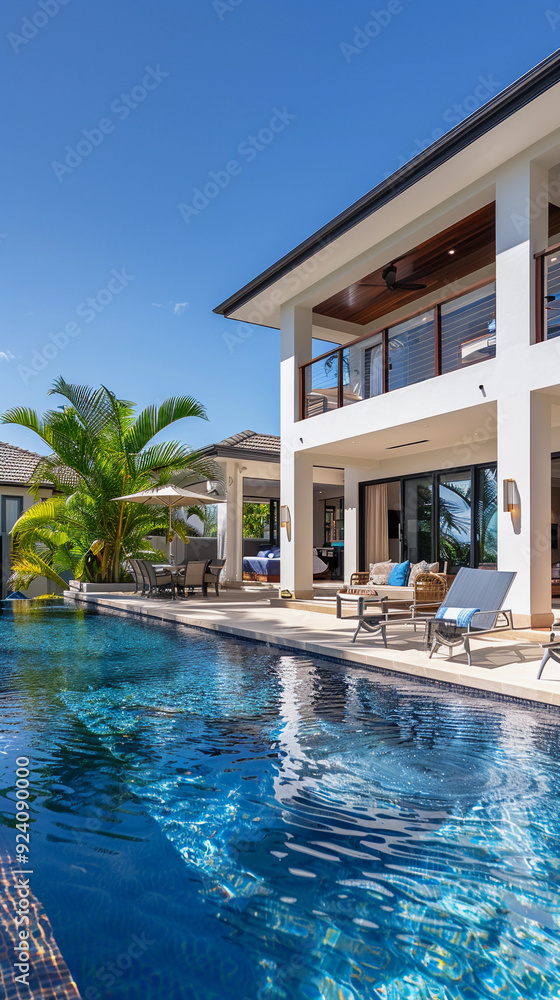 Poster a large white house with a pool and a patio. the pool is surrounded by palm trees and has a blue sky