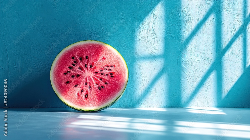 Wall mural a watermelon sits atop a blue floor, casting a shadow beside a window