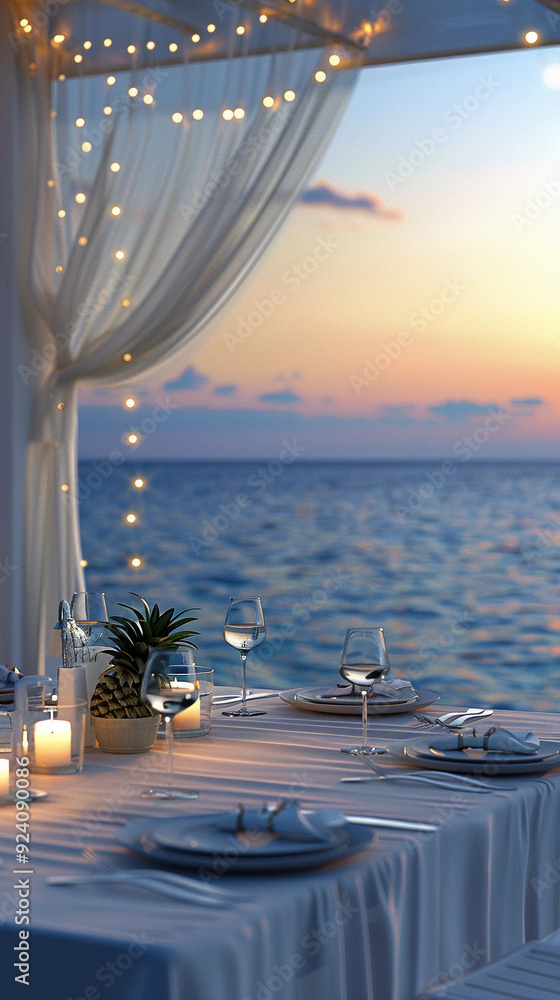 Poster a table with a beautiful view of the ocean and a pineapple centerpiece. the table is set with wine g