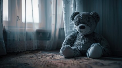 Gray teddy bear on the floor illuminated by a window