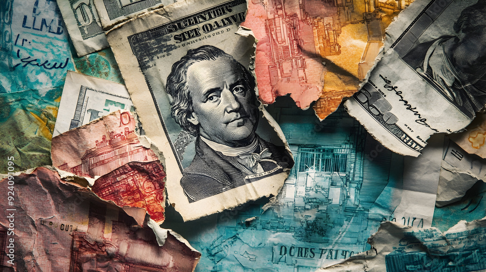 Poster torn currency notes with recession headlines in the background - an illustration of torn currency no