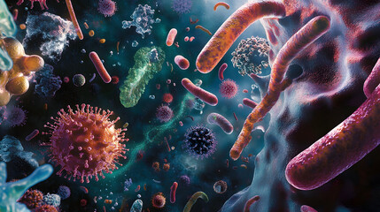 The World of Microorganisms: Hidden Lifeforms - A magnified view of microorganisms, showcasing bacteria, viruses, and cells in a vibrant and detailed microenvironment