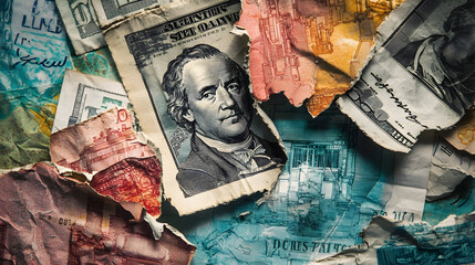 Torn Currency Notes with Recession Headlines in the Background - An illustration of torn currency notes with recession-related newspaper headlines in the background