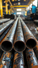 A row of steel pipes are stacked in a factory. The pipes are rusty and appear to be old