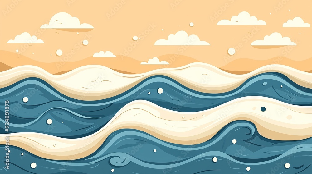 Sticker  Oceanic scenery featuring waves and cloud formations under a radiant sun on a clear blue sky backdrop (43