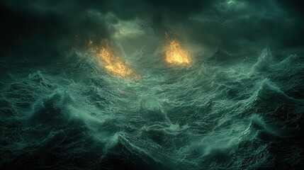 Fototapeta premium A vast expanse of water featuring numerous waves in the center, illuminated by a multitude of yellow lights