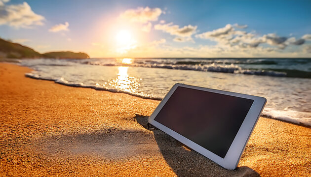  Tablet on the Beach- A modern image of a tablet placed on the beach, combining the elements_1(684)