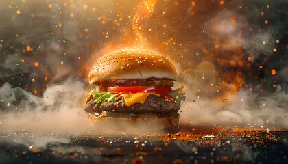 Delicious spicy fried chicken burger ads with burning fire on dark background