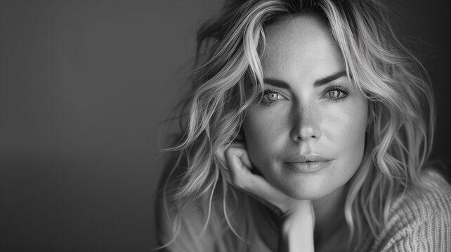 A captivating black-and-white portrait of a woman exuding elegance and confidence. The subtle details and dramatic lighting