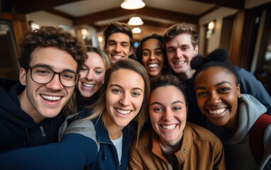 Fototapeta premium A group of young people are smiling for a picture. Scene is happy and friendly