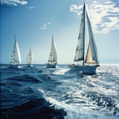 Fototapeta premium Three yachts with white sails sailing in a sunny sea during the day