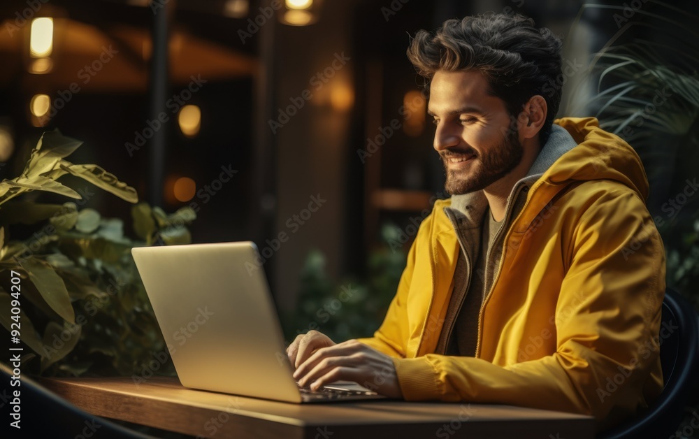 Aufkleber a man is sitting at a table with a laptop in front of him. he is smiling and he is enjoying himself