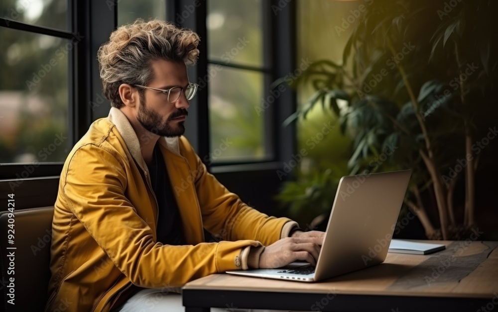 Aufkleber a man in a yellow jacket is sitting at a table with a laptop in front of him. he is focused on his w