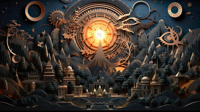 Duat - art, fantasy, surreal, dreamscape, mystical, architecture, mountains, cosmic, celestial, sun, moon, stars, city, gears, mechanical, intricate