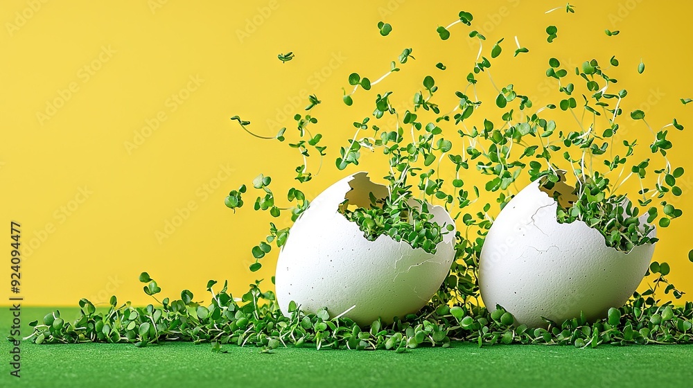 Sticker   A pair of white eggs rest atop a verdant field beside a mound of lush green foliage