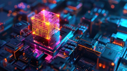 Obraz premium Cybernetic Cube: A Glowing Digital Structure