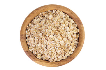 Oat flakes in wooden bowl isolated on white background with full depth of field. Top view. Flat lay