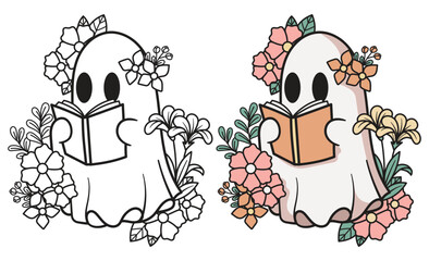 Ghost cute reading book, halloween flowers, hand drawn vector