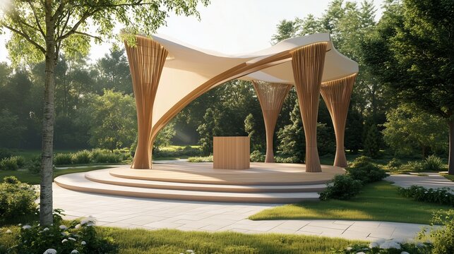 Modern outdoor pavilion surrounded by greenery in a park setting during daylight