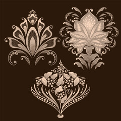Vector set of damask ornamental elements. Elegant floral abstract elements for design. Perfect for invitations, cards etc.