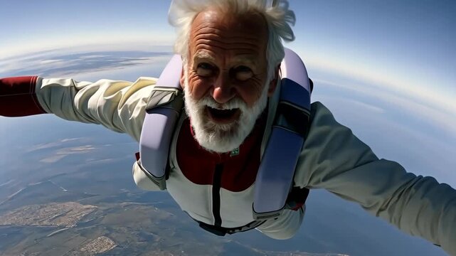 A joyful older man joyfully glides through the sky, embracing the exhilaration of tandem skydiving against a breathtaking backdrop of mountains below