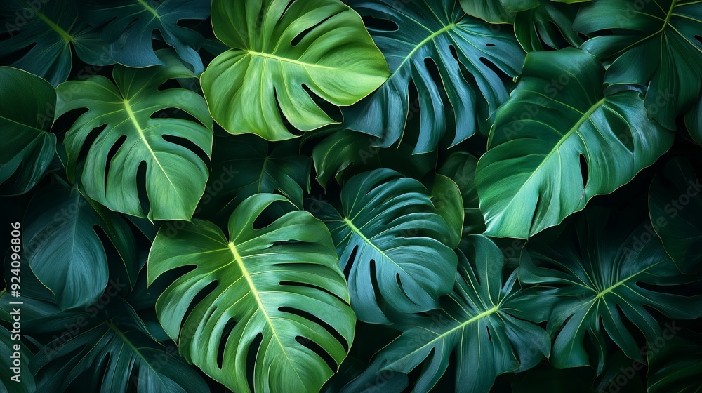 Wall mural Lush green monstera leaves creating a vibrant backdrop in a tropical setting