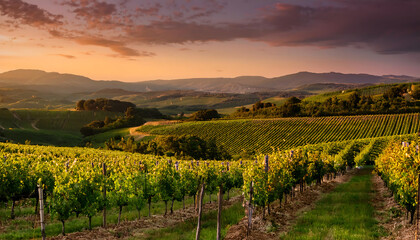 Naklejka premium Vineyard at Twilight- A golden-hued image of a sprawling vineyard bathed in the soft light _1(735)