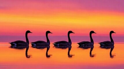 Naklejka premium A flock of ducks gliding over tranquil water beneath a lavender and coral sky, framed by a breathtaking sunset