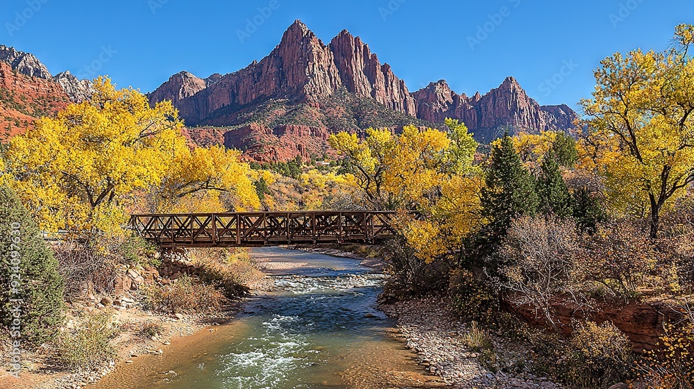 Sticker a bridge over a river, framing a mountain range with golden trees in the foreground and a stunning b