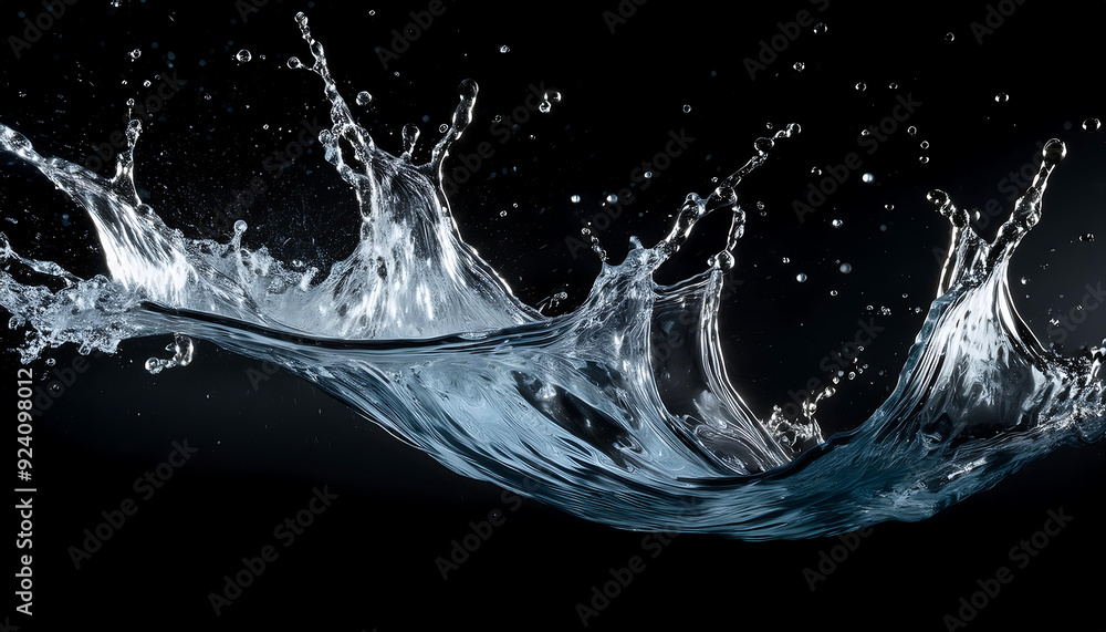 Poster  Water Splash on Black Background- A high-resolution image capturing the dynamic motion of w_1(745)