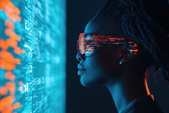 AI cyber security threat concept, female african american IT specialist analysing holographic data code information. blue & orange colour, augmented reality artificial intelligence student banner - Powered by Adobe