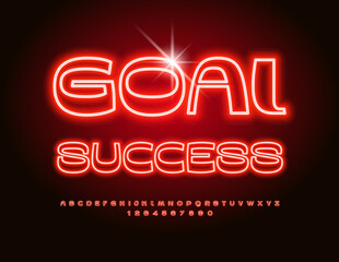 Vector neon banner Goal Success with Glowing Red Font. Electric set of Alphabet Letters and Numbers
