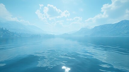   A stunning image featuring a serene lake surrounded by majestic mountain peaks and dotted with fluffy white clouds above