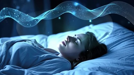 A serene moment unfolds as a woman peacefully sleeps, surrounded by ethereal waves of energy that hint at the mysteries of her dreams
