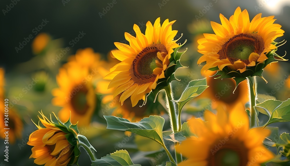 Wall mural golden sunflowers bloom in the sunny fields, exuding vitality and vitality.