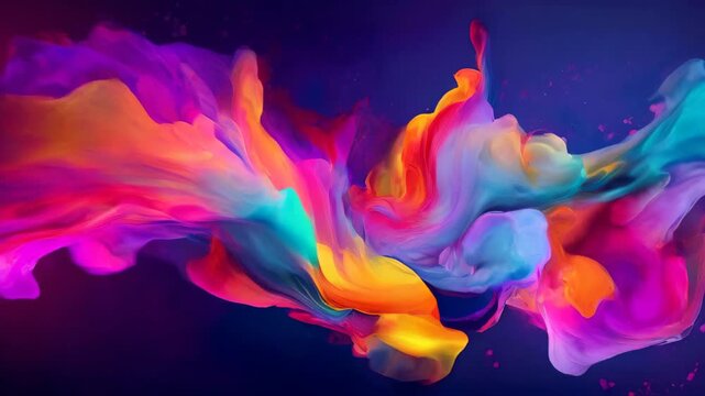 Flowing moving fluid acrylic painting abstract texture. Purple pink blue yellow swirl wavy background. Flow liquid design. 