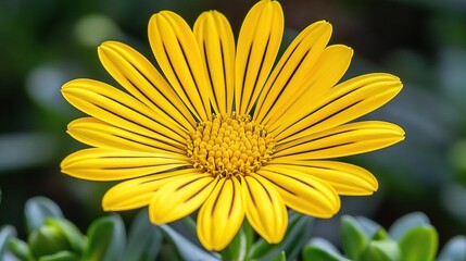 Obraz premium A macro shot of a bright yellow bloom surrounded by leafy greenery, with a hazy detail of its core
