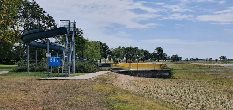 Abandoned water slide in dry lake Zicksee in Austria.