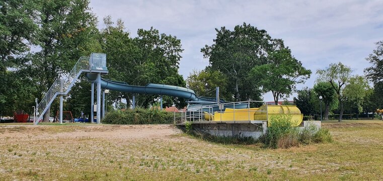 Abandoned water slide in dry lake Zicksee in Austria.