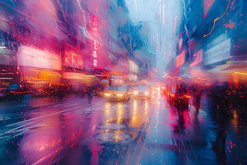 A blurred view of a bustling city street at night, illuminated by vibrant lights and filled with moving vehicles and pedestrians.