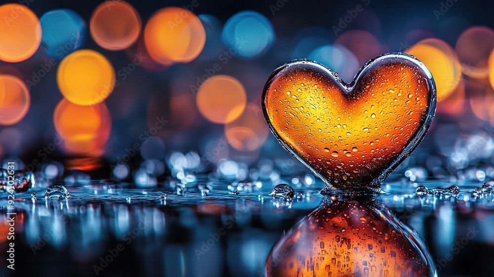 Poster heart-shaped object on reflective surface in front of colorful bokeh of lights