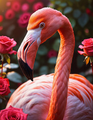 Obraz premium Closeup portrait of a pink flamingo in a rose garden