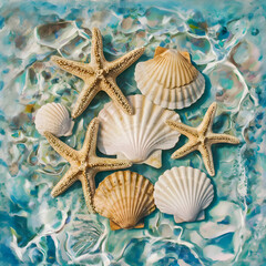 A beach scene with shells and starfishs